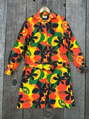 VTG 70s Dayglow Flower Power "The Maxi" Lady Arrow Long Sleeve Shirt Dress 11/12